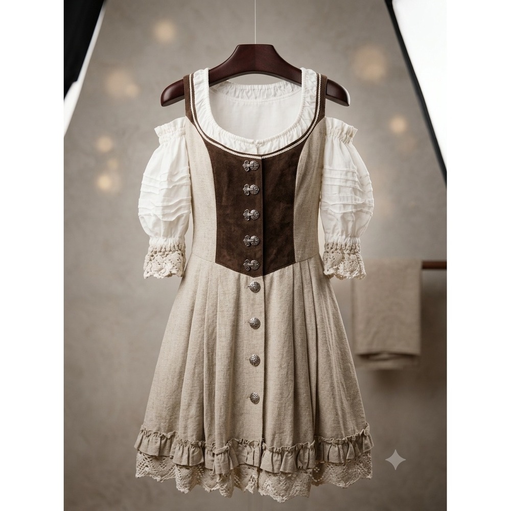 Landhaus C&A Naturally Linen Blend Dirndl Dress Cottagecore Lace Brown Tan 36